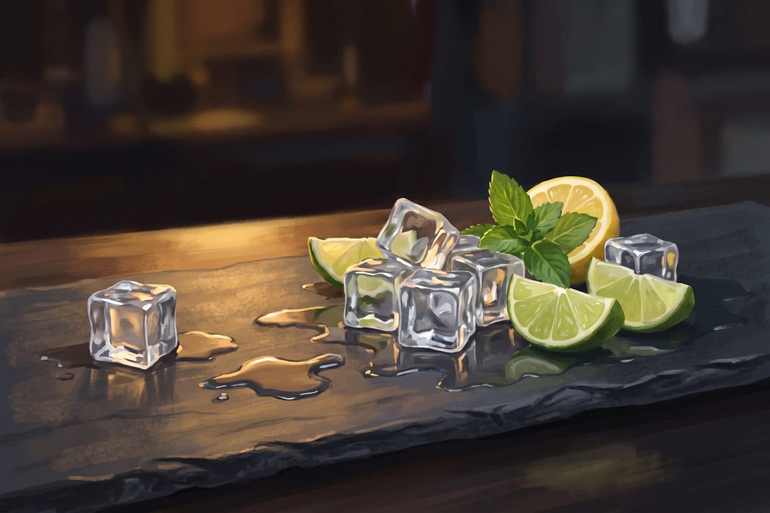 Eiswürfel, Limetten, Zitrone und Minze auf einem Bartresen