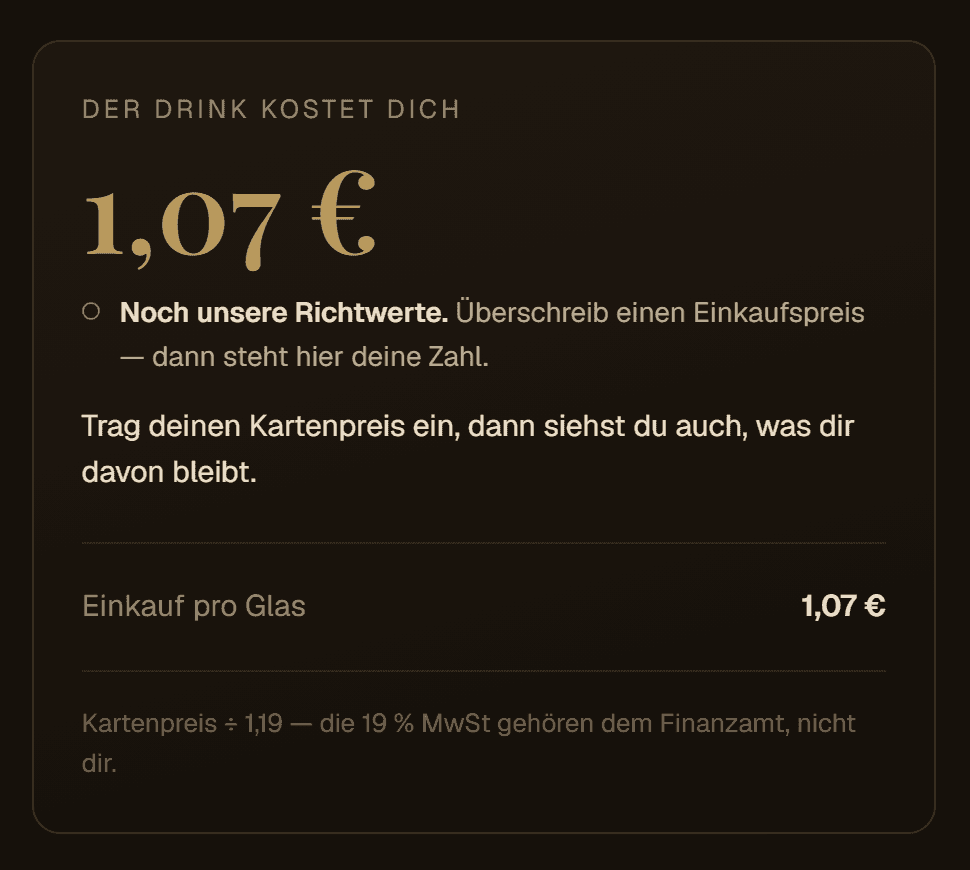 Ergebnis-Karte des Blurko-Rechners: Der Gin Tonic kostet mit Richtwerten 1,07 € Einkauf pro Glas.